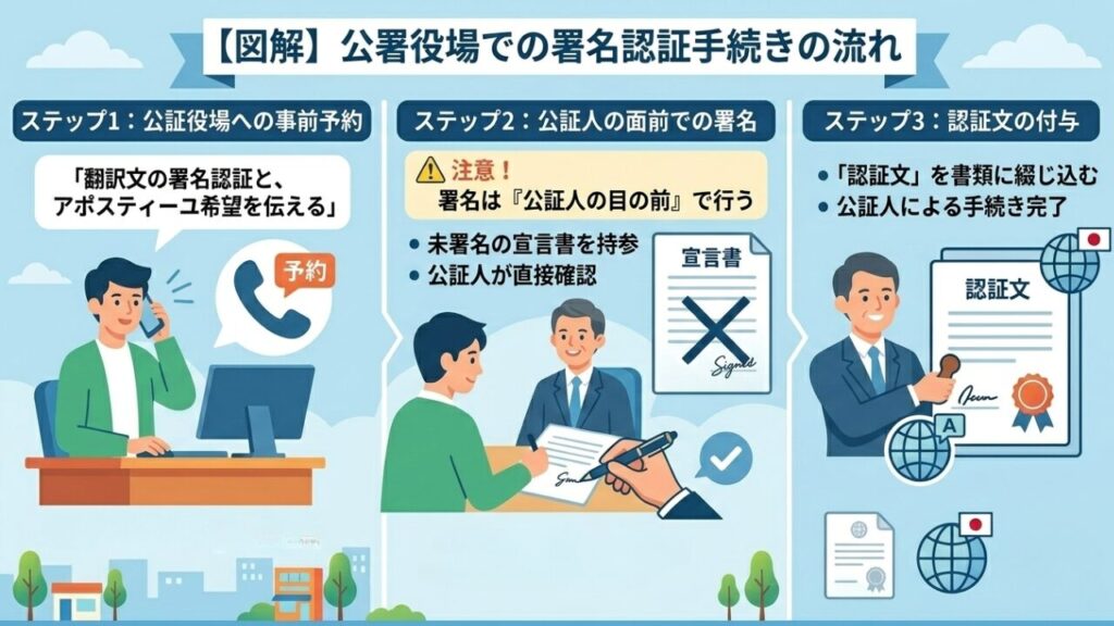 図解 公証役場での署名認証手続きの流れ